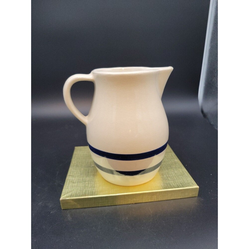 R.R.P. Co Roseville Pottery Stoneware Pitcher #303-H Blue Stripe Band 16 oz USA